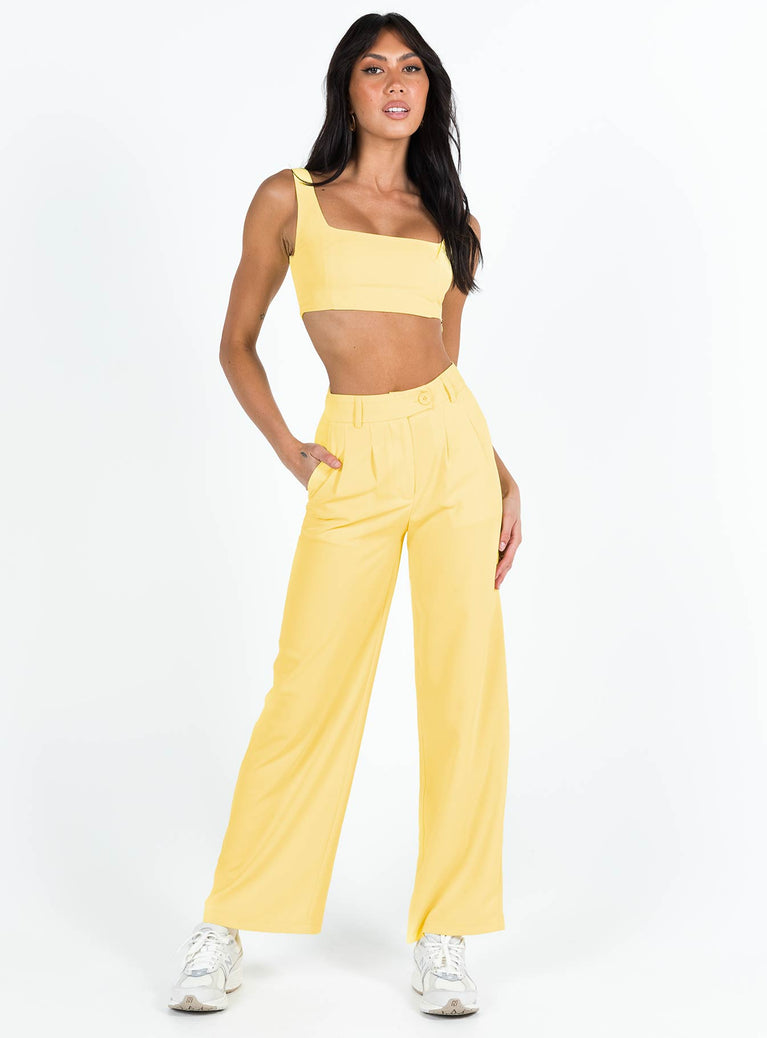 Matching set Crop top Invisible zip fastening at side High waisted pants Wide leg Belt looped waist Zip and button fastening
