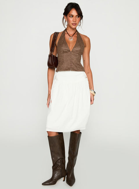   front view of model wearing Princess Polly Snowflakes Tie Side Midi Skirt White 