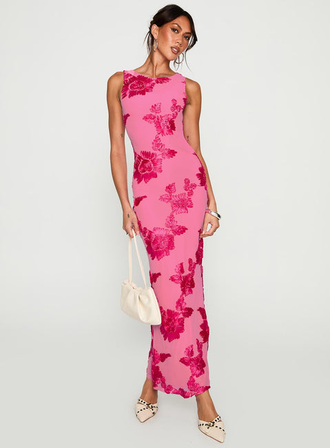 front view of model wearing Princess Polly Fionna Floral Maxi Dress Pink Crew Neck 