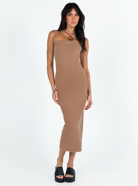 Front view of model wearing  front Princess Polly High Neck  Vista Strapless Midi Dress Brown