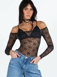 front view of model wearing Princess Polly Mademoiselle Bodysuit Black Full Sleeves straight 