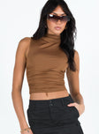 Front view of model wearing  front Princess Polly Sleeveless Square Neck  Favril Top Brown