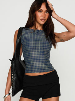 front view of model wearing Princess Polly Your Main One Top Navy Check Sleeveless Crew Neck 