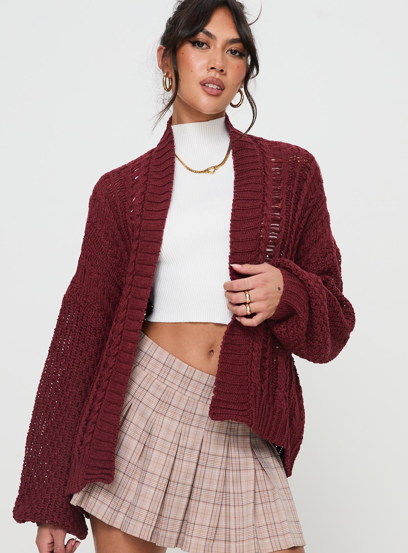 Abner Cable Cardigan Burgundy Princess Polly  Cropped 
