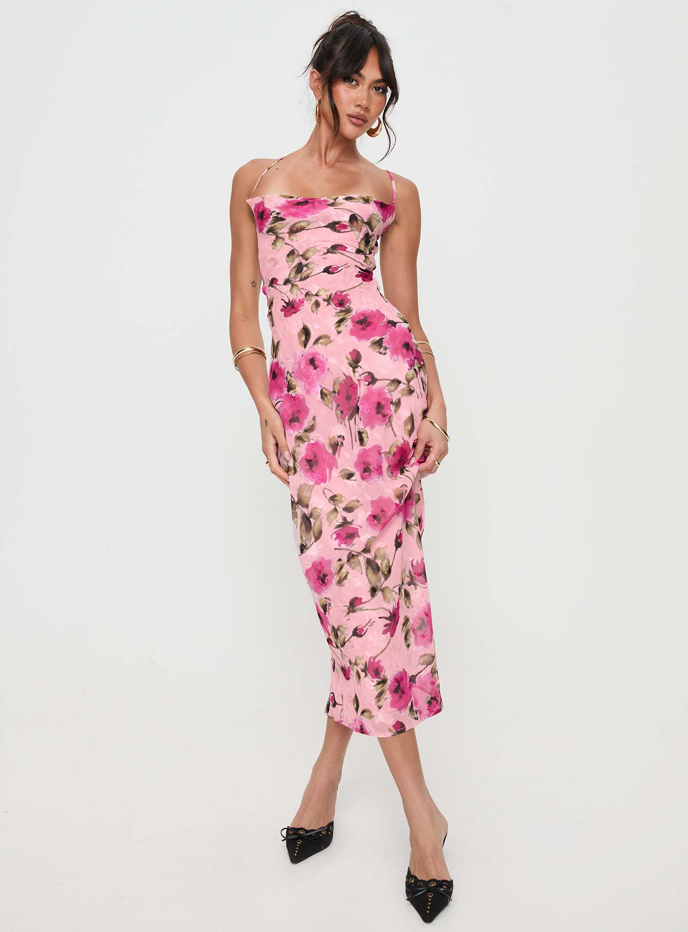 front view of model wearing Princess Polly Ara Maxi Dress Pink Floral Square Neck 