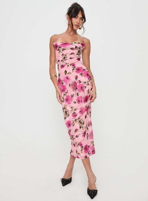 front view of model wearing Princess Polly Ara Maxi Dress Pink Floral Square Neck 