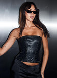 front view of model wearing Princess Polly Lethal Stud Corset Top Black Sleeveless straight 