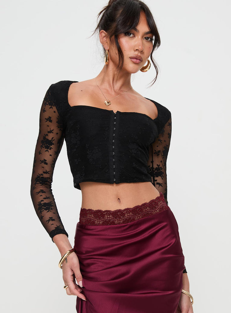 Black Long sleeve lace crop top Square neckline, hook & eye fastening at bust, sheer sleeves