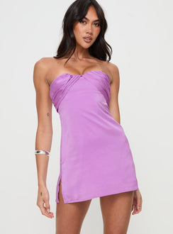 front view of model wearing Princess Polly Irena Strapless Mini Dress Purple Sweetheart Neckline 