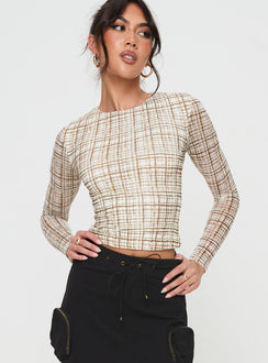 front view of model wearing Princess Polly Blissie Long Sleeve Top Beige Full Sleeves Crew Neck 