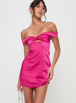 back view of model wearing Princess Polly Rava Off The Shoulder Mini Dress Hot Pink Plunger 