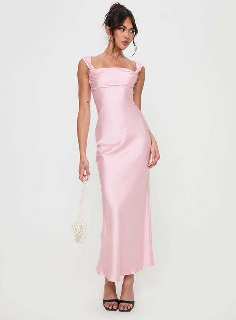 side view of model wearing Princess Polly Azura Off The Shoulder Maxi Dress Pink Square Neck 