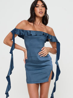 front view of model wearing Princess Polly Society Mini Dress Blue Straight Neck 