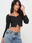 front view of model wearing Princess Polly Time Is Up Long Sleeve Top Black Full Sleeves V-Neck 