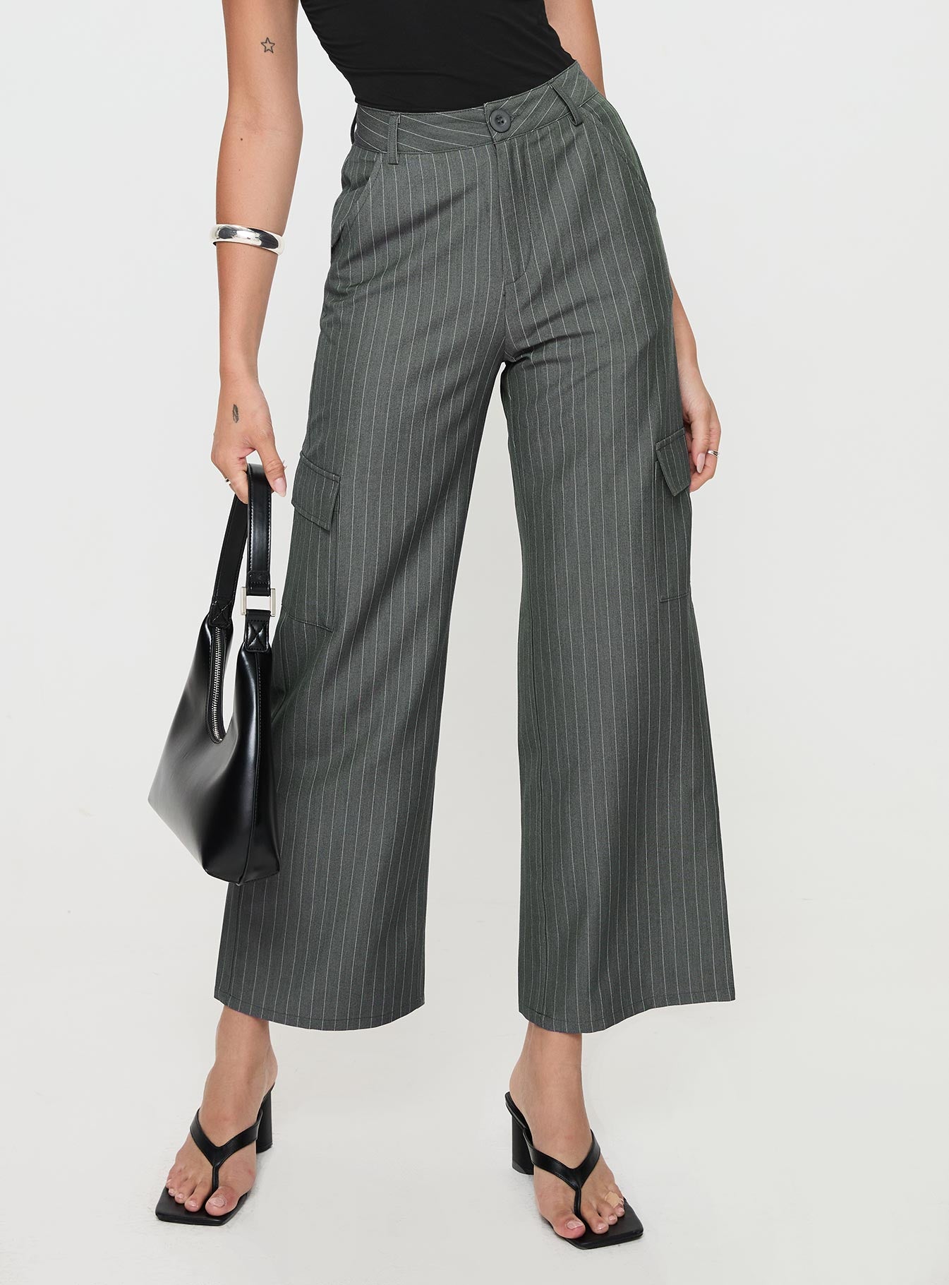 front view of model wearing Princess Polly Katow Cargo Pants Grey Stripe High Waisted Pants 