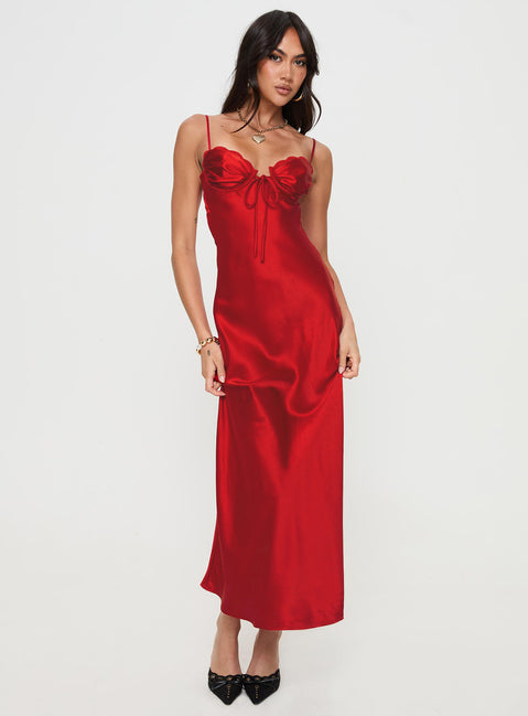 front view of model wearing Princess Polly Monument Maxi Dress Red Sweetheart Neckline 