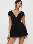 Black Playsuit V neckline, invisible zip fastening at back, pleats at waist, cap sleeve