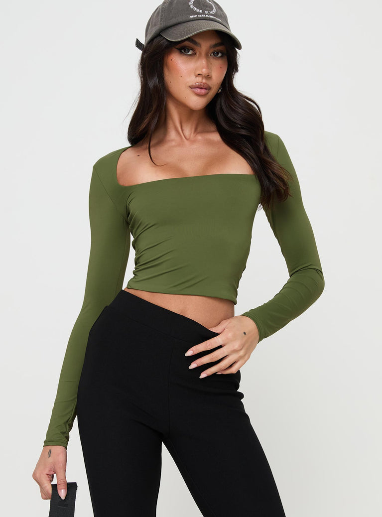 Olive Long sleeve top Slim fitting, low square neckline