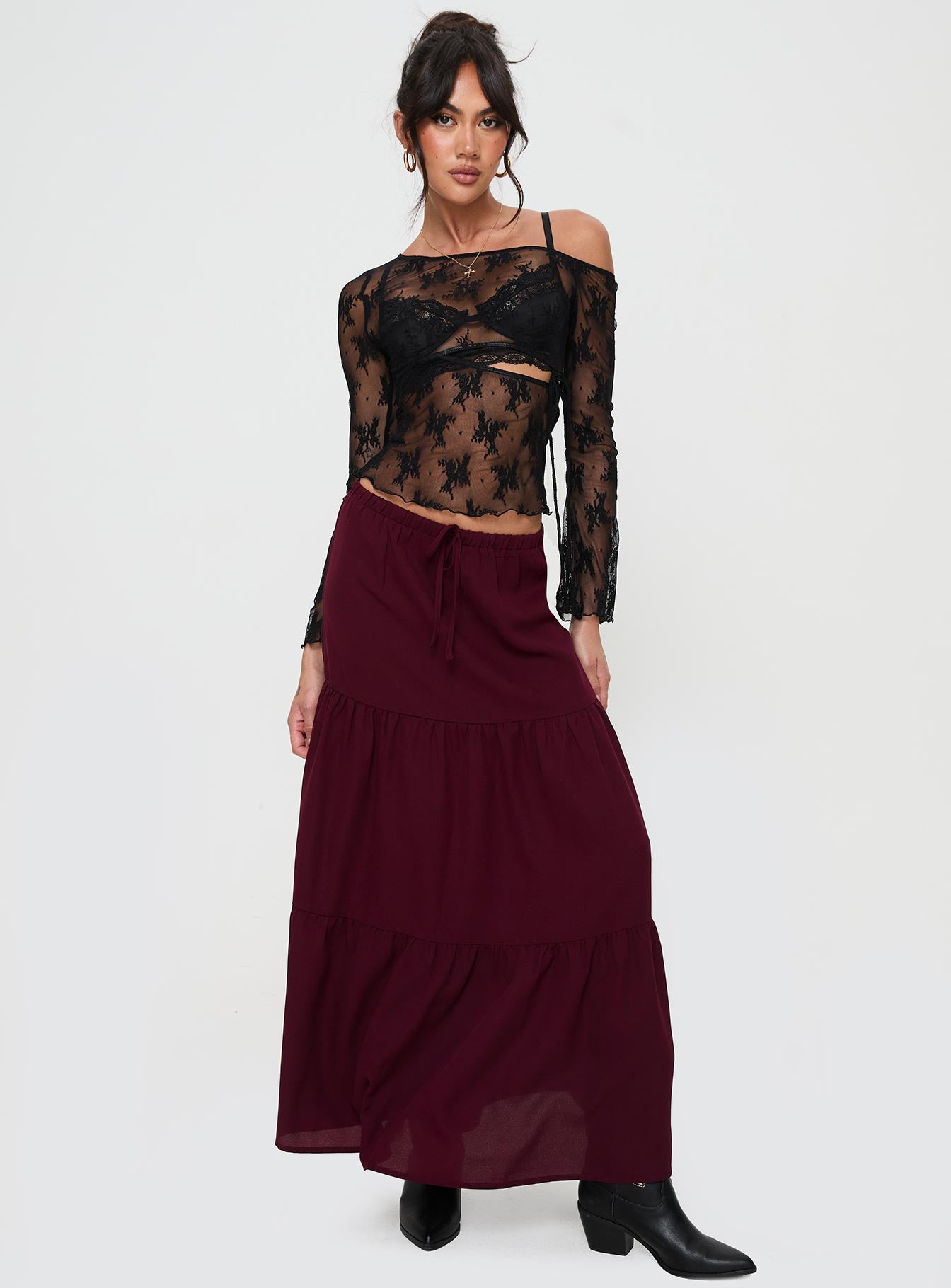   front view of model wearing Princess Polly Whole Again Maxi Skirt Burgundy Maxi 
