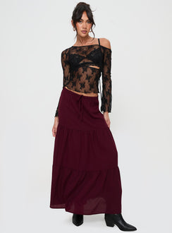   front view of model wearing Princess Polly Whole Again Maxi Skirt Burgundy Maxi 