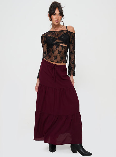   front view of model wearing Princess Polly Whole Again Maxi Skirt Burgundy Maxi 