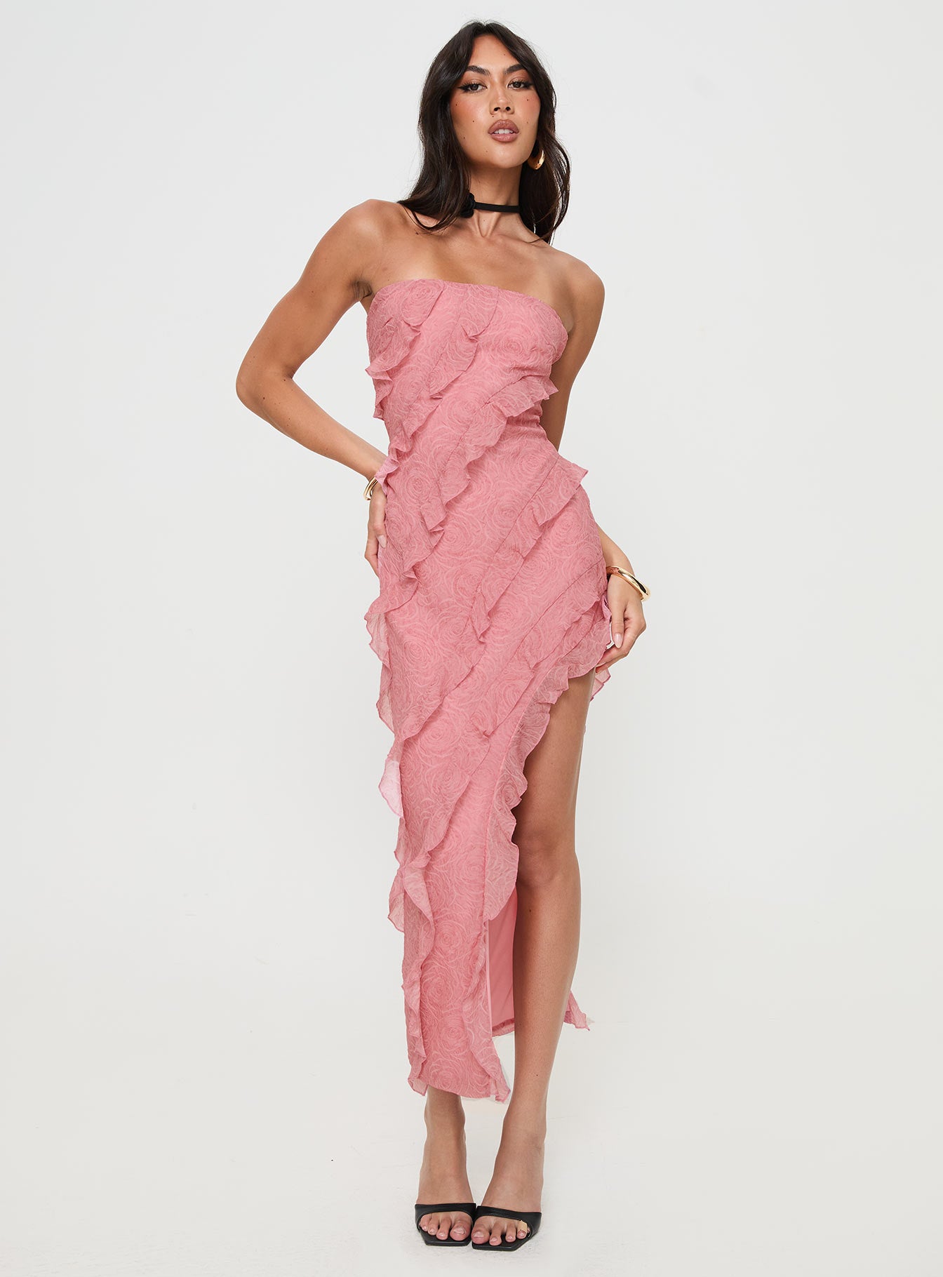 side view of model wearing Princess Polly Elestria Strapless Midi Dress Pink Straight Neck 