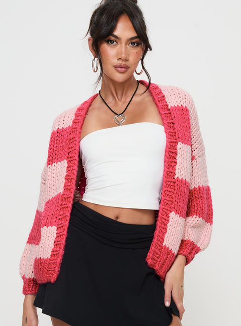 front view of model wearing Princess Polly Lester Knit Cardigan Pink Stripe cropped 