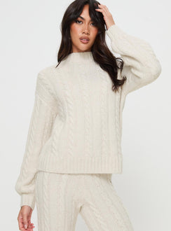 front view of model wearing Princess Polly Sharif Cable Knit Sweater Beige regular 