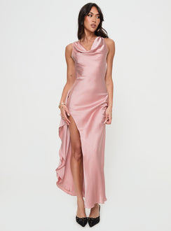 front view of model wearing Princess Polly Hold Me Tight Maxi Dress Pink Cowl Neck 