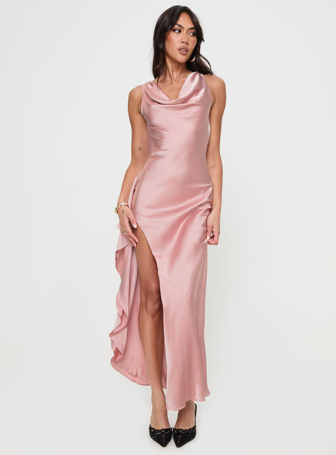 front view of model wearing Princess Polly Hold Me Tight Maxi Dress Pink Cowl Neck 