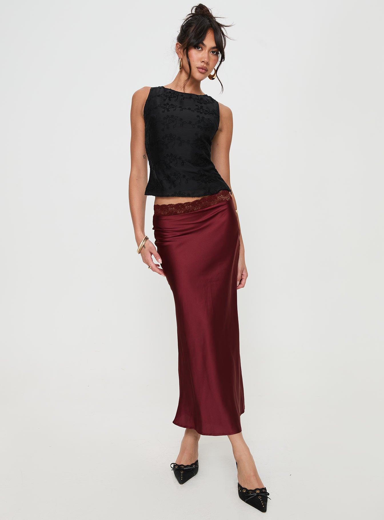 Burgundy satin shop maxi skirt