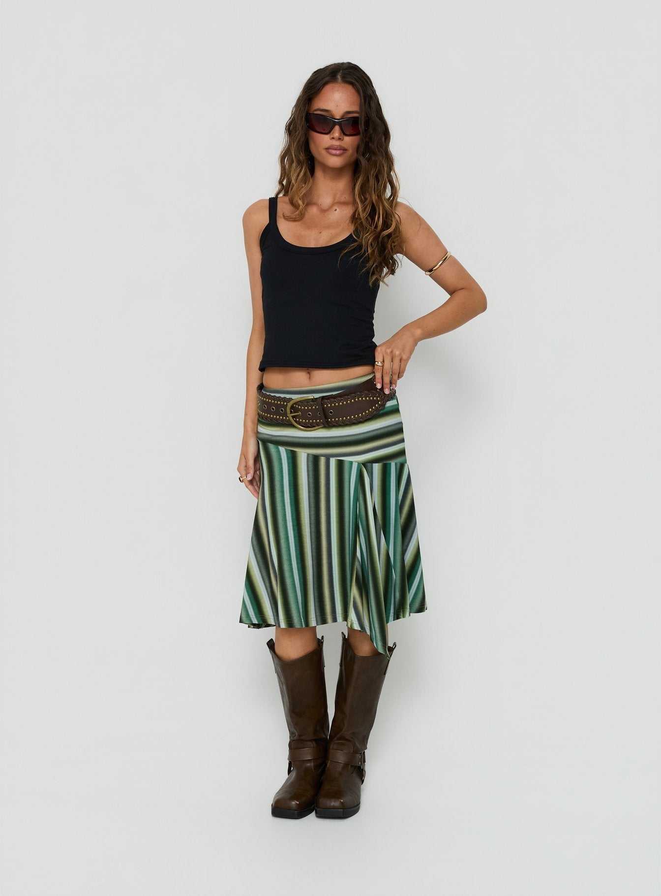 Featuring the Desidera Asymmetrical Midi Skirt Blue Multi Stripe womens-skirts with flared fitted silhouette product Princess Polly