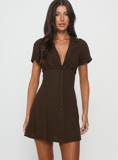 Pique Button Down Mini Dress Brown