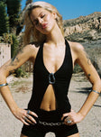 front view of model wearing Princess Polly Moderna Halter Lace Top Black Sleeveless Plunger 