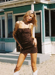 front view of model wearing Princess Polly Corrino Lace Mini Dress Brown Square Neck 