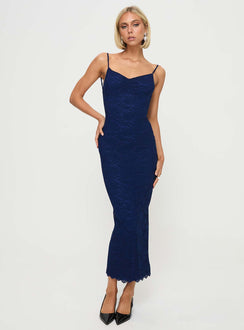 front view of model wearing Princess Polly Khalani Maxi Dress Navy Sweetheart Neckline 