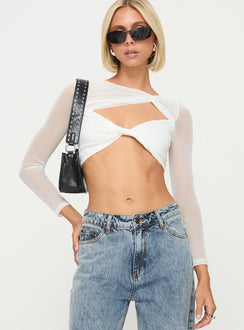 side view of model wearing Princess Polly Middleton Long Sleeve Top White Full Sleeves Asymmetric Neckline 