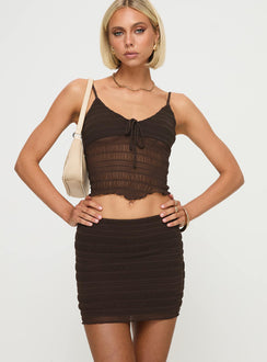 Brown two piece set Crop top, adjustable shoulder straps, tie detail at bust