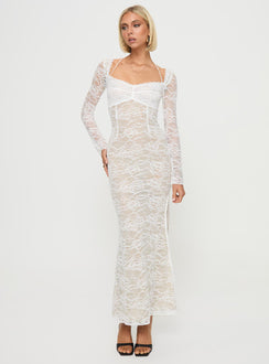 front view of model wearing Princess Polly Aubriella Lace Maxi Dress Cream Sweetheart Neckline 