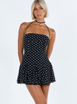 front view of model wearing Princess Polly Delamere Mini Dress Black / White Tall Straight Neck 