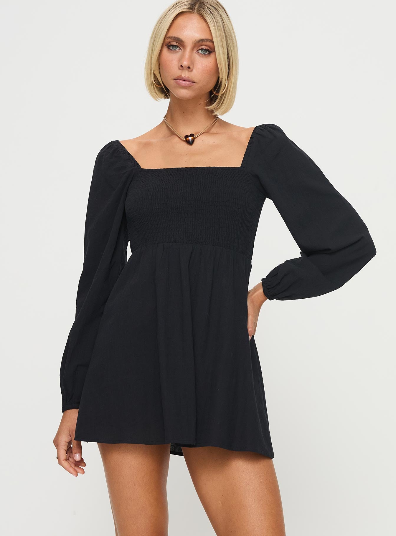 front view of model wearing Princess Polly Summer Nights Long Sleeve Mini Dress Black Square Neck 
