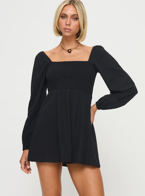 front view of model wearing Princess Polly Summer Nights Long Sleeve Mini Dress Black Square Neck 