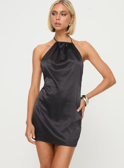 front view of model wearing Princess Polly Langer Mini Dress Black Satin High Neck 