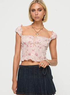 front view of model wearing Princess Polly Rinza Top Pink Floral Short Sleeves Square Neck 