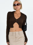 Front view of model wearing  front Princess Polly Full Sleeves Square Neck  Winfrey Long Sleeve Top Brown