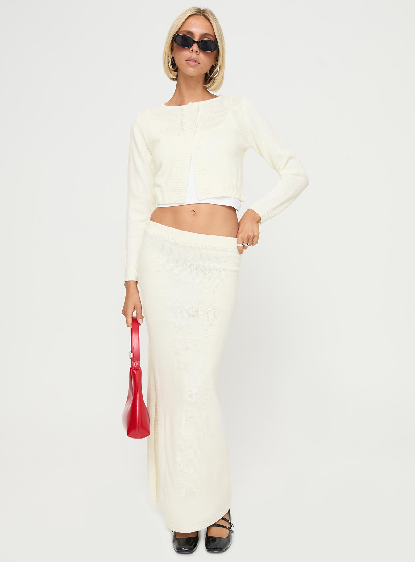   front view of model wearing Princess Polly Collase Knit Maxi Skirt Cream Maxi 