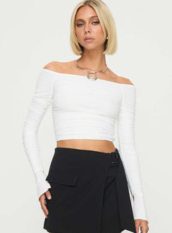 front view of model wearing Princess Polly Moreno Off The Shoulder Top White Full Sleeves straight 