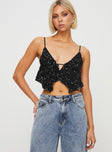 Crop top Embellished with sequins, open front design, split hem, adjustable shoulder straps, tie fastening at back