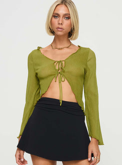 front view of model wearing Princess Polly Undone Long Sleeve Top Green Full Sleeves Scoop Neck 