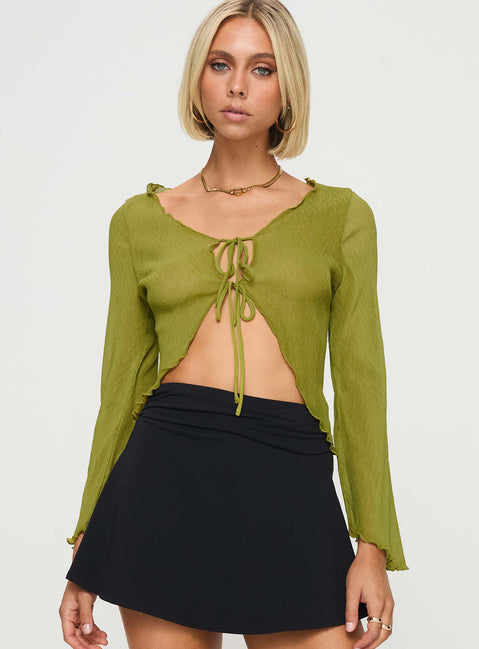 front view of model wearing Princess Polly Undone Long Sleeve Top Green Full Sleeves Scoop Neck 